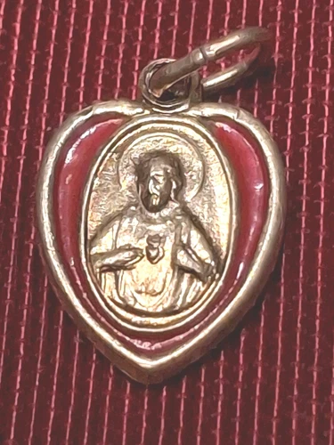Vintage Scapular Heart Medal, Charm, Jesus, OL Mt Carmel Gold Tone Enameled Red
