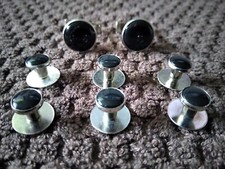 Tuxedo 8 piece Black on Silvertone Cuff Links and Button Set