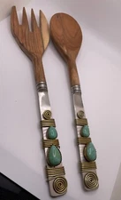 Wood Metal Wire Wrapped Turquoise Bead Salad Server Set Fork and Spoon