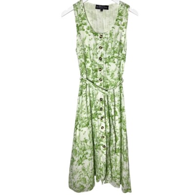 The J. Peterman Company Toile Print Dress Green White Cotton Belted Dress  Size 6 | eBay