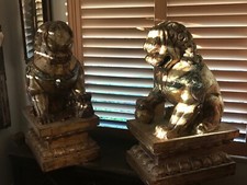 Antique Chinese Qing large wooden carved Guardian Lions, Foo Dogs.