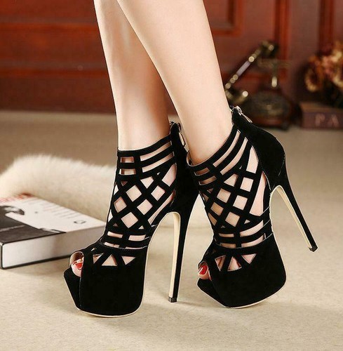 Sexy womens black high heel stilettos peep toe nightclub party sandals  shoes New | eBay