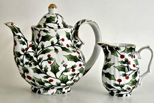 Christmas Holly Patterned Green/Red/Gold Tea Pot w Creamer By Festive Holiday