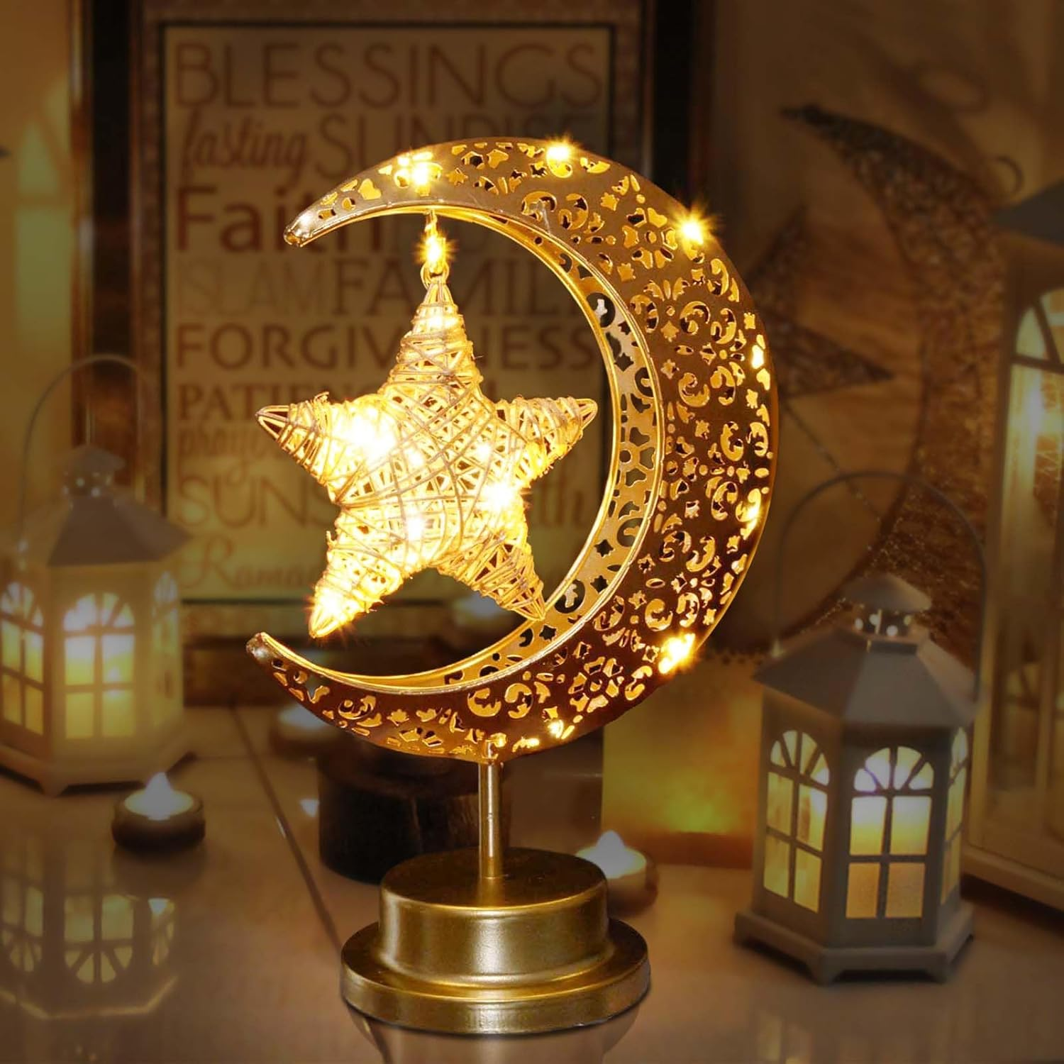 Rustic Moon Lamp for Ramadan Decorations,Battery Operated Metal Rattan Star Moon