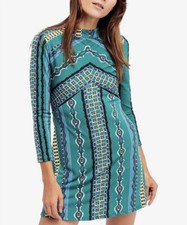 Free People Green Blue Boho Fit & Flare Stretch Mock Neck Mini Dress Size XS TP.