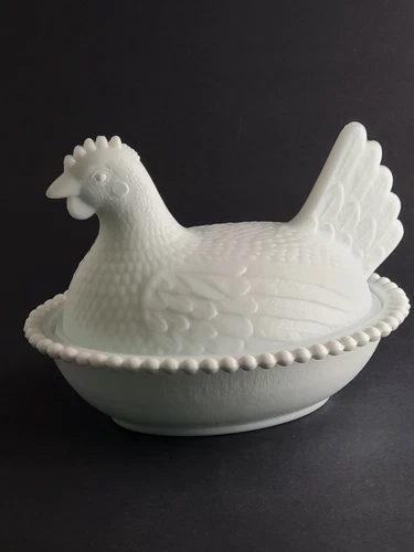 Milk Glass Hen on Nest: Vintage Candy Dish,  Indiana Glass, with Lid