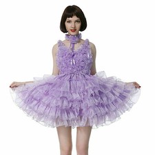 Sissy Gril V Shaped Neckline Organza Puffy Levender Braces Dress Crossdress &