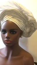 Aso-Oke African Headtie Auto Gele, White Ngozi Women headwear Ready Made Gele