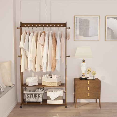 Freestanding Retro Wooden Clothes Rail Rack with Wheels & Shelves for