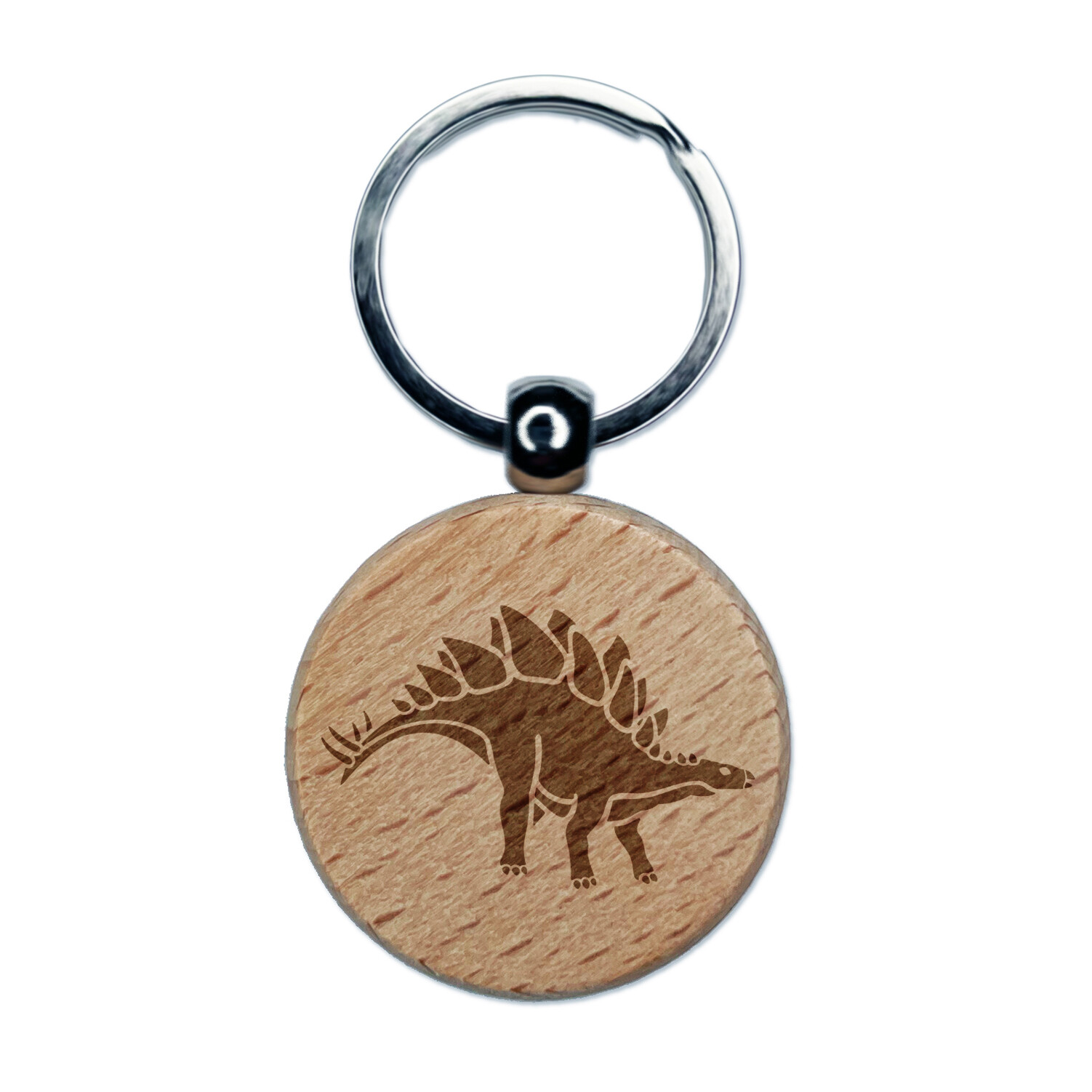 Stegosaurus Dinosaur Engraved Wood Round Keychain Tag Charm