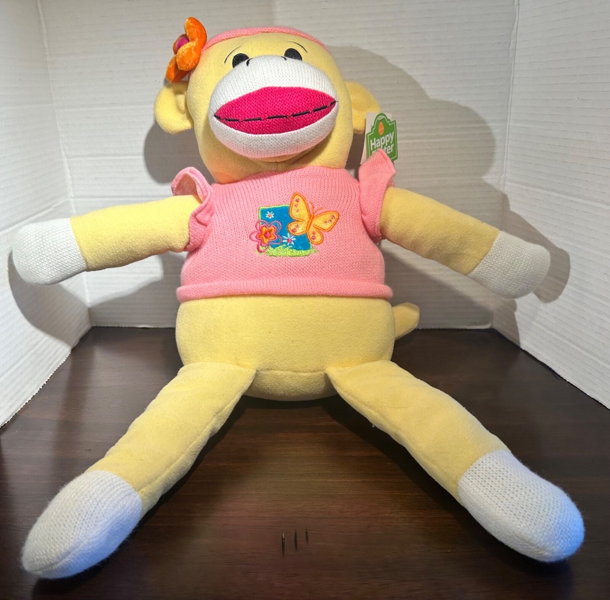 Dan Dee Happy Easter Yellow Sock Monkey with Butterflies on a Pink Shirt NWT