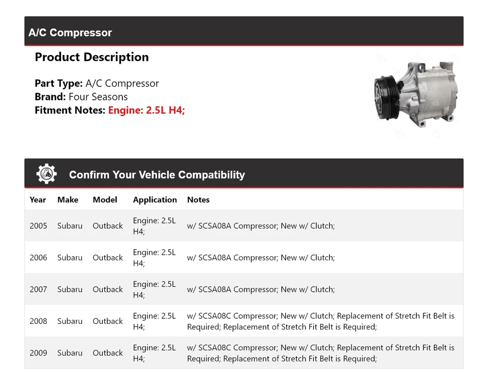 Compresor de aire acondicionado para Subaru Outback 2005-2009 2,5 L H4 4 estaciones 2006 2007 2008 Foto 2 de 4