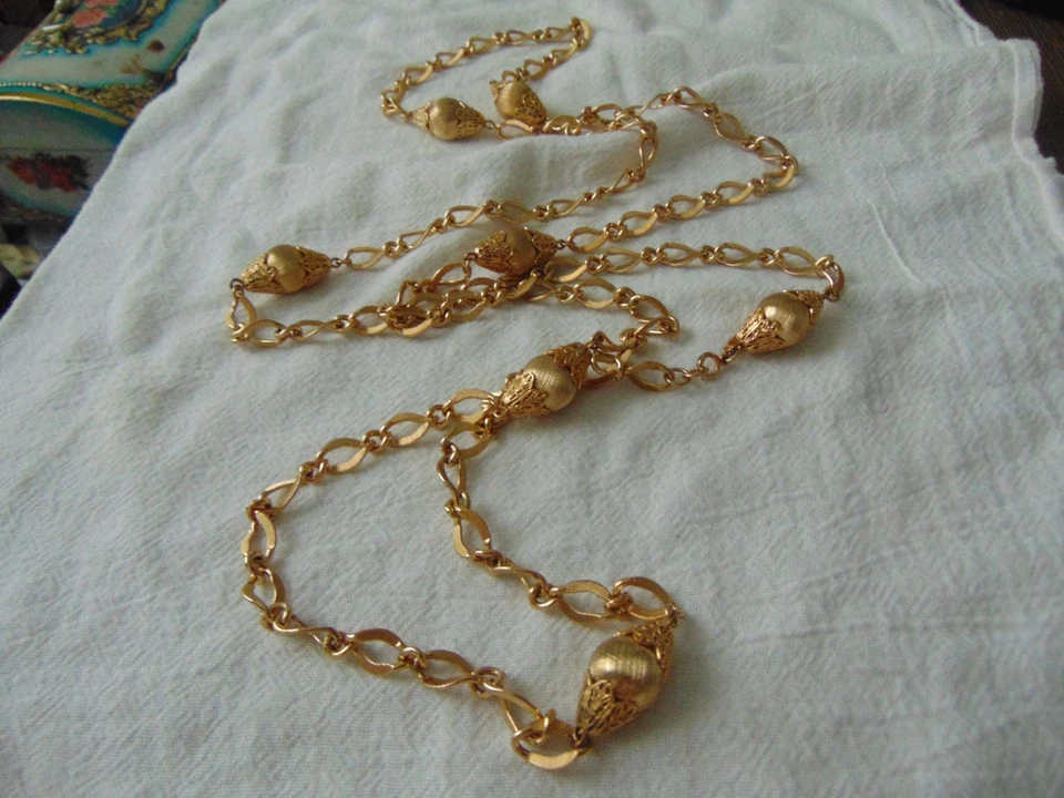 vintage Monet signed long necklace gold satin capped spheres stations - Image 2 of 4
