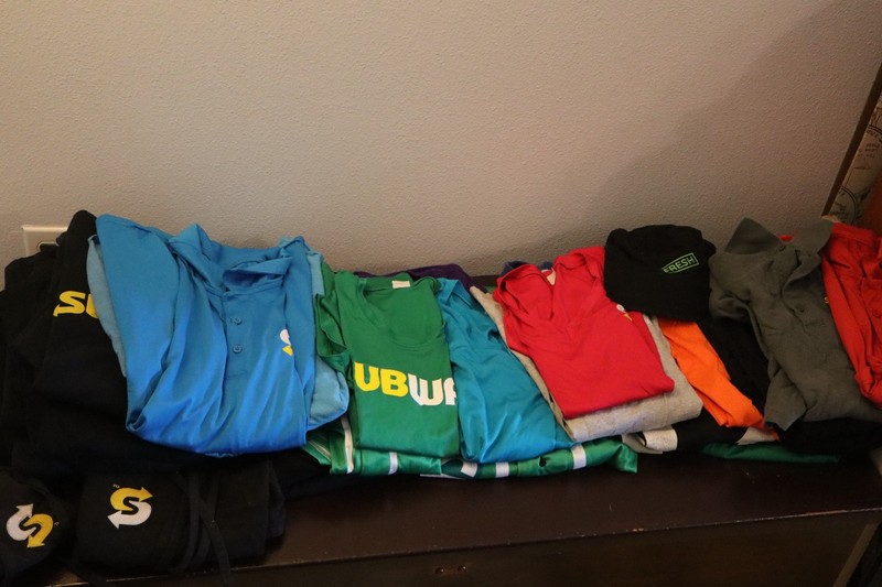 Huge Lot of Subway Uniforms Aprons Hat Earrings. Long and Short Sleeve Sm - 2 XL