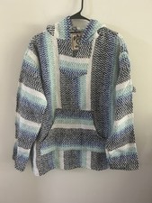 Baja Joe Mexican Poncho Hoodie Size L Pullover White Blue Hippie Boho Drug Rug