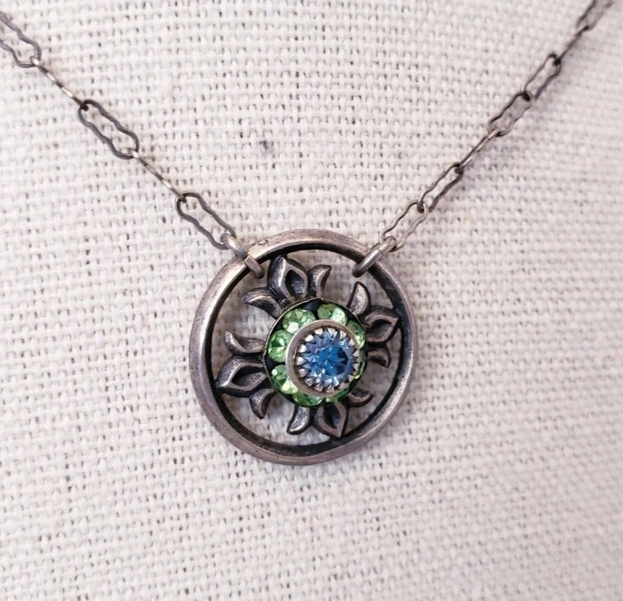 Винтажный Liz Palacios SF зеленый и синий кристалл цветок серебристого тона подвеска ожерелье - Изображение 2 из 4