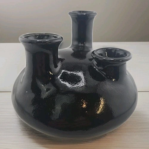 Vintage Signed Van Briggle Studio Pottery Black Triple Bud Vase Ichiban Vase