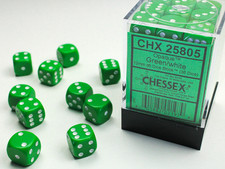 36 Opaque Green w/ White 12mm D6 Dice - CHX25805