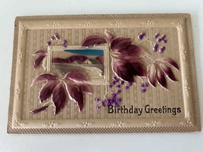 Birthday Greetings Purple Flowers House Scene Raised Postcard