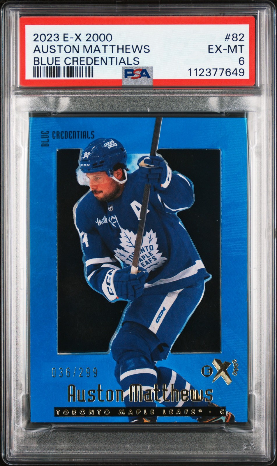 2023 SKYBOX E-X 2000 BLUE CREDENTIALS #82 AUSTON MATTHEWS 036/299 PSA 6 view 1