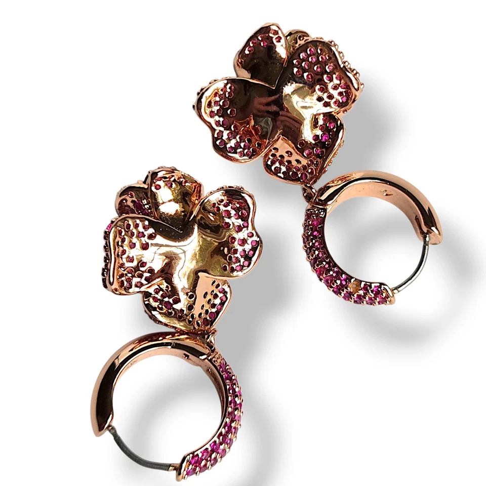 Kate Spade Rosy Pink Pavé Flower Charm Huggie Hoop Earrings Rose Gold Tone *READ - Image 3 of 4