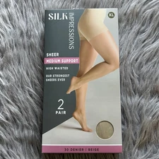 Silk Impressions Medium Support Sheer Tights Womens Size XL Beige High Waisted