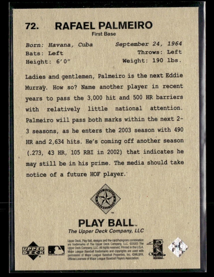 2003 Upper Deck Play Ball #72 Rafael Palmeiro - Image 2 of 2