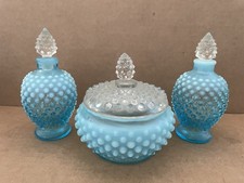 Vintage BLUE OPALESCENT Hobnail Glass Vanity Set Powder Jar Perfume Bottles