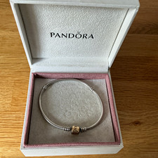 PANDORA Silver Charm Bangle Bracelet in Pandora with 14 carat gold clasp