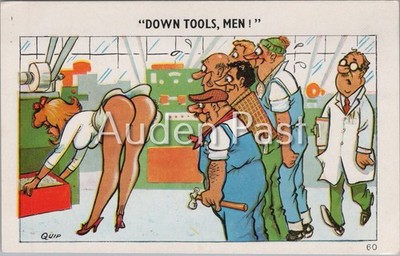 Vintage Quip Saphir gewagte Cartoon Postkarte Fabrikarbeiterin Frau
