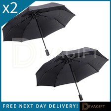 2 x BLACK UMBRELLA 8 RIB STRONG WINDPROOF OPEN CLOSE FOLDING COMPACT TRAVEL NEW