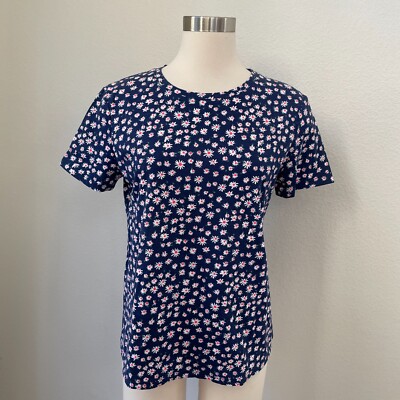FRESH PRODUCE Womens Medium Navy Ditsy Daisy T Shirt Crew Neck Top Short Sleeve
