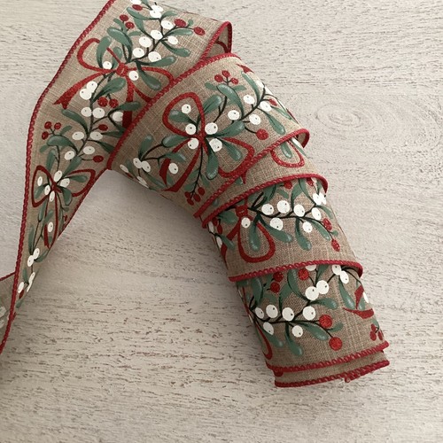 5 YARDS CHRISTMAS MISTLETOE PRINT WIRED EDGE RIBBON, 2 1/2" Wide - Picture 3 of 5