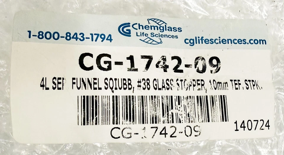 Chemglass Glass 4000mL 4L Squibb Separatory Funnel 10mm PTFE Stopcock CG-1742-09 - Image 3 of 3