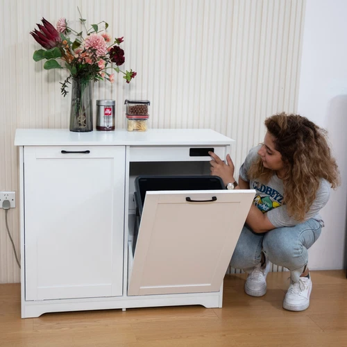 26 Gallon with Deodorizing Function Wood Double Tilt Out Trash Can Cabinet White - Picture 6 of 16