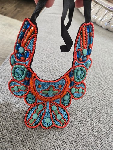 Vintage Turquoise Coral Lapis Colored Beads Handmade Bib Necklace Statement - Picture 8 of 8