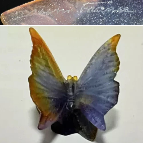 👀DAUM PAPILLON PATE DE VERRE CRYSTAL BUTTERFLY ROSE LEAF FIGURINE PAPERWEIGHT🎁