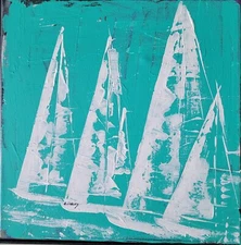 Painting, Sailboats, original acrylic, approx 10x10x5/8 inch, on canvas. Signed