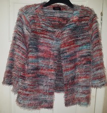 Klass Women's Jacket Size Xl Button 3/4 Sleeves Red Aqua Fuzzy Wool Effect