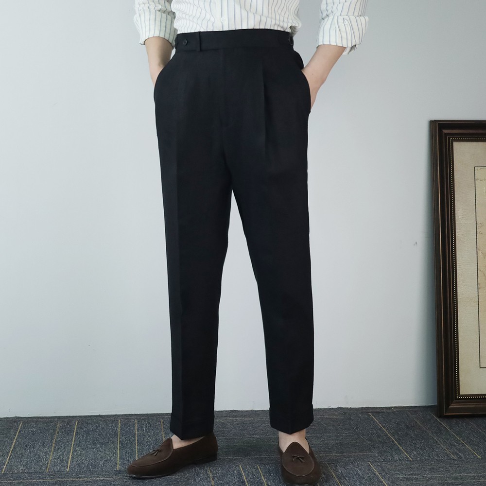 Men’s Black Linen Gurkha Pants with Adjustable Waist Straight Fit Trousers