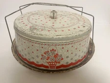 Vintage metal cake carrier with wire handle closure Red White Polka Dot