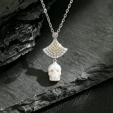 Eastern Elegance Gothic Soul Fan Skull Necklace Hand Carved Pearl 925 Silver