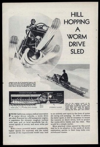 “Hill Hopping a Worm Drive Sled” 1936 pictorial Carl Eliason type Snowmobile