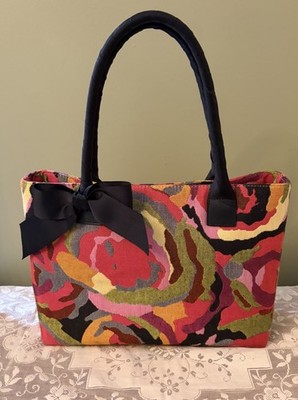 New TALBOTS Vibrant Multicolor Floral Bag Bow Double Handle Zipper Satchel Purse