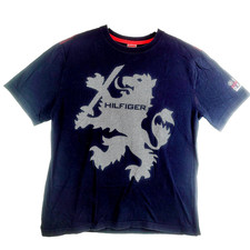 VTG 1985 Red Label Tommy Hilfiger Graphic One Stitch Mens T Shirt Sz L Navy Blue