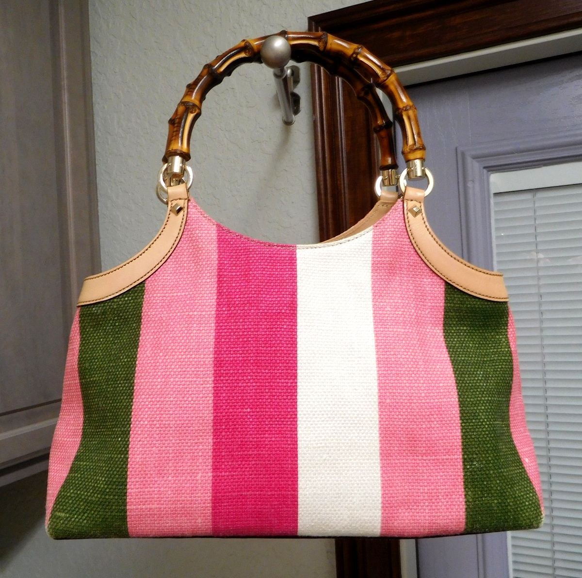 GUCCI Multicolor Pink/Green/White Stripe Satchel Bag Bamboo Handle