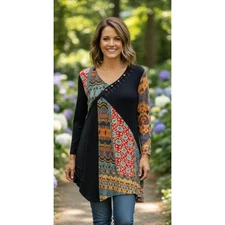 Parsley & Sage Patchwork Tunic Top Large 3/4 Sleeve Boho Artsy Colorful Festival