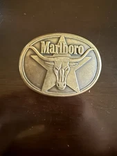 Vintage 1987 Philip Morris MARLBORO Solid Brass Long Horn Bull Belt Buckle