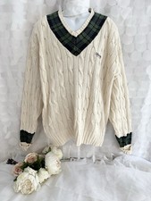 VTG Ralph Lauren CHAPS Large HANDFRAME Cream V Neck Cable Knit Sweater Preppy