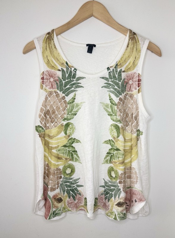 J CREW Women’s 100% Linen Sleeveless White Tropical Fruit Salad Print Top MEDIUM